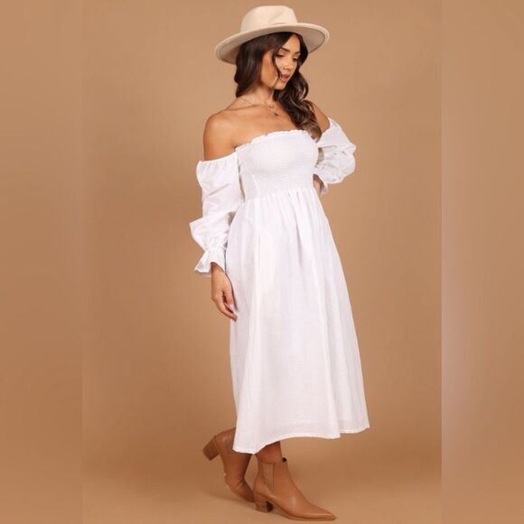 ✨🌸✨Petal & Pup Gabriella Blue Polka Dot Smocked Midi 100% Linen Dress ✨🌸✨ - Picture 1 of 16